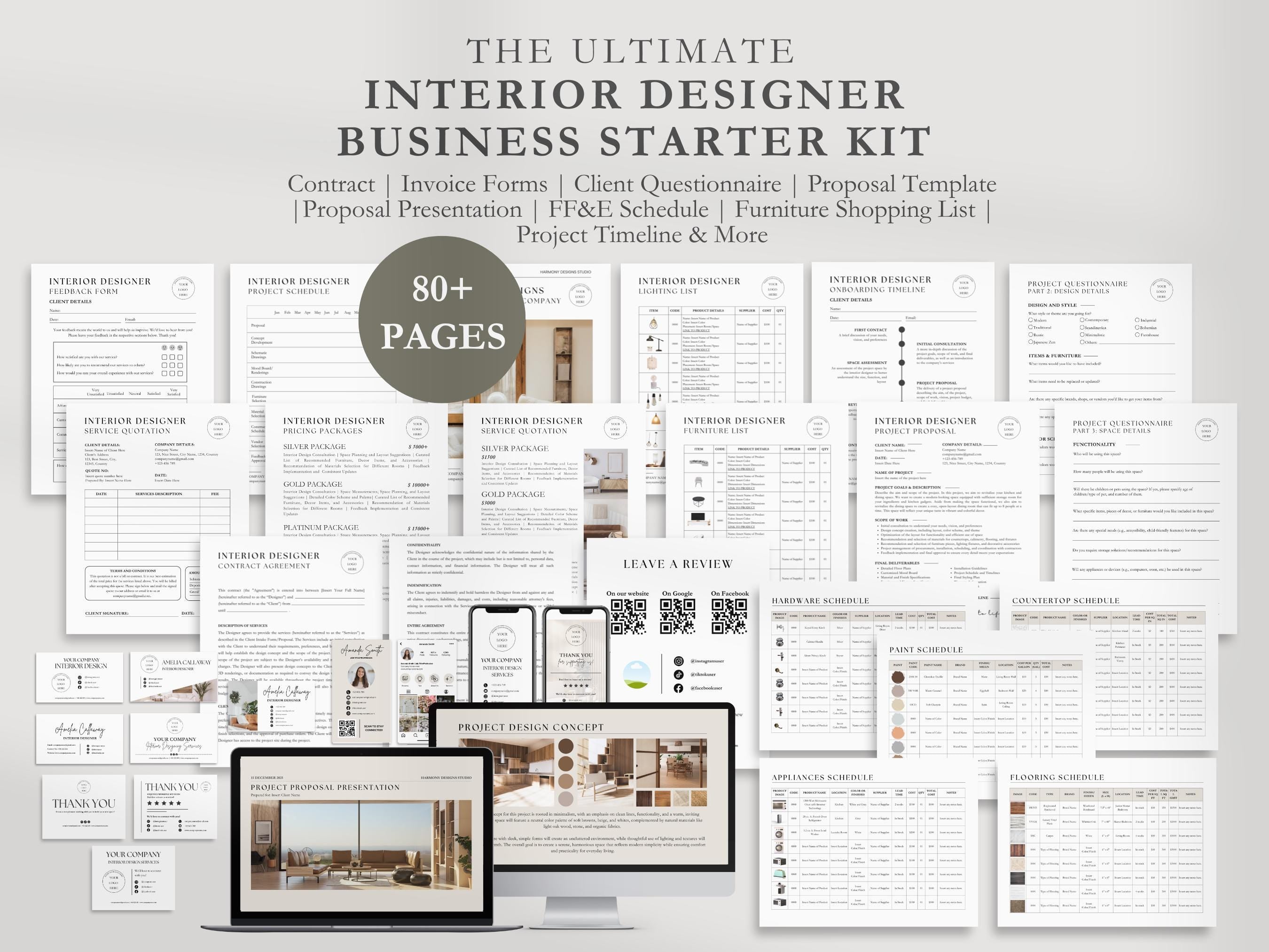 Interior Designer Contract/Agreement, Freelance Interior Designing Client Proposal Presentation, Intake Form, FF&E Schedule Template, CANVA