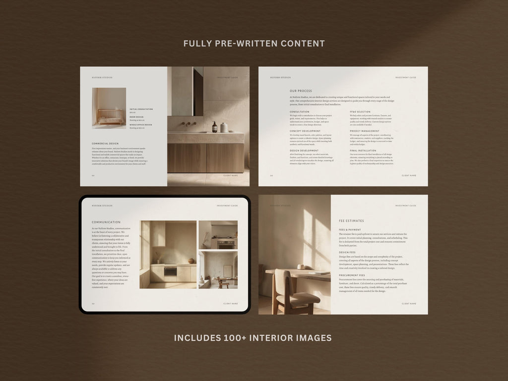 Interior Design Investment Guide | Interior Designer Fee Proposal | Project Proposal | Client Presentation | Canva | Indesign | Powerpoint