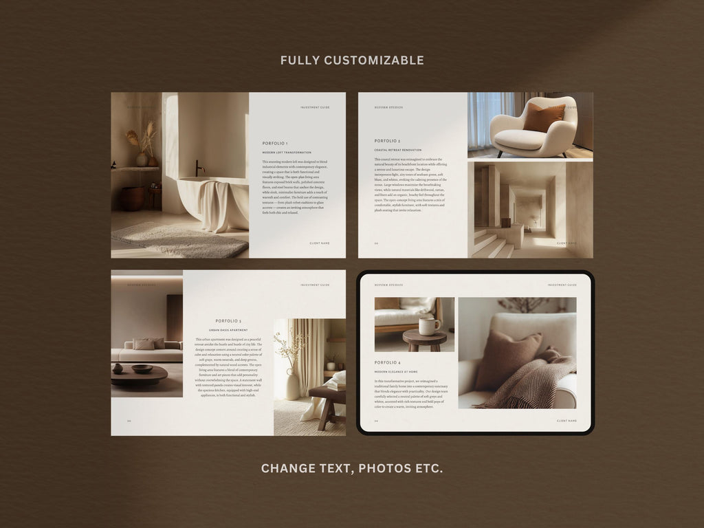 Interior Design Investment Guide | Interior Designer Fee Proposal | Project Proposal | Client Presentation | Canva | Indesign | Powerpoint