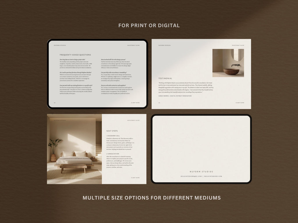 Interior Design Investment Guide | Interior Designer Fee Proposal | Project Proposal | Client Presentation | Canva | Indesign | Powerpoint