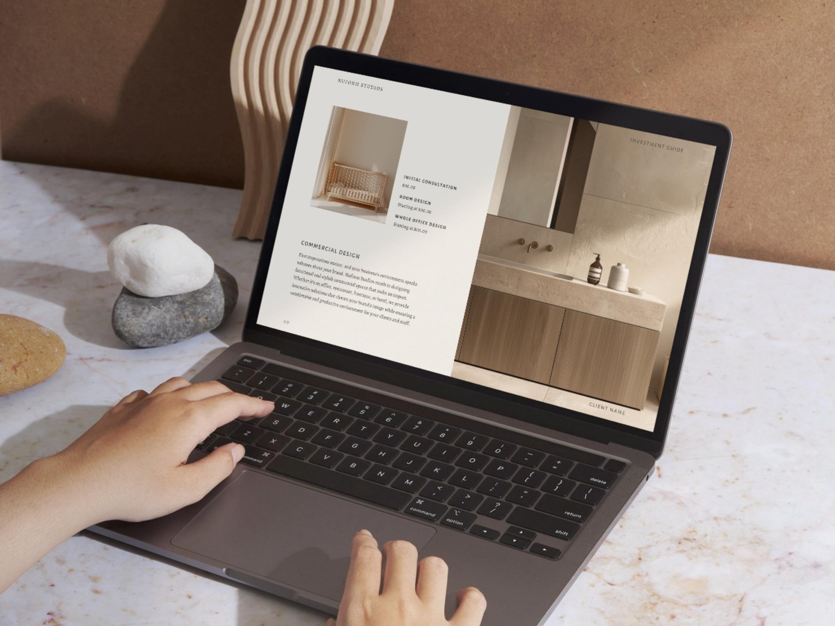 Interior Design Investment Guide | Interior Designer Fee Proposal | Project Proposal | Client Presentation | Canva | Indesign | Powerpoint