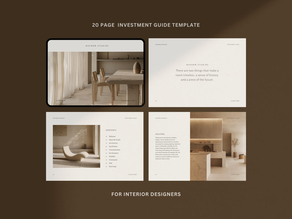Interior Design Investment Guide | Interior Designer Fee Proposal | Project Proposal | Client Presentation | Canva | Indesign | Powerpoint