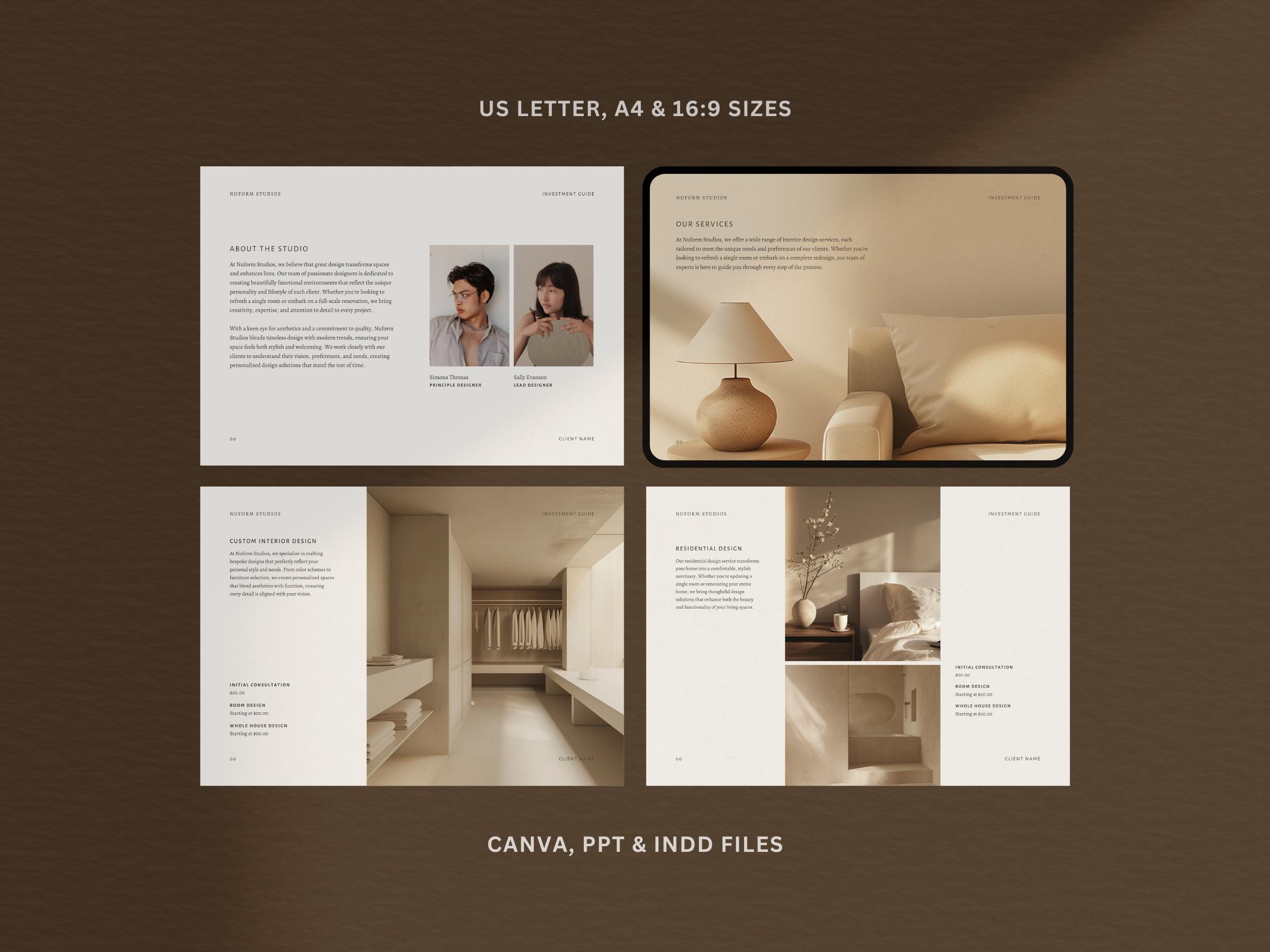 Interior Design Investment Guide | Interior Designer Fee Proposal | Project Proposal | Client Presentation | Canva | Indesign | Powerpoint