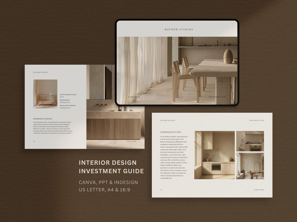 Interior Design Investment Guide | Interior Designer Fee Proposal | Project Proposal | Client Presentation | Canva | Indesign | Powerpoint