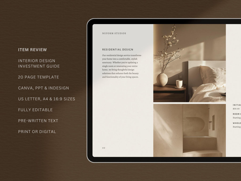 Interior Design Investment Guide | Interior Designer Fee Proposal | Project Proposal | Client Presentation | Canva | Indesign | Powerpoint