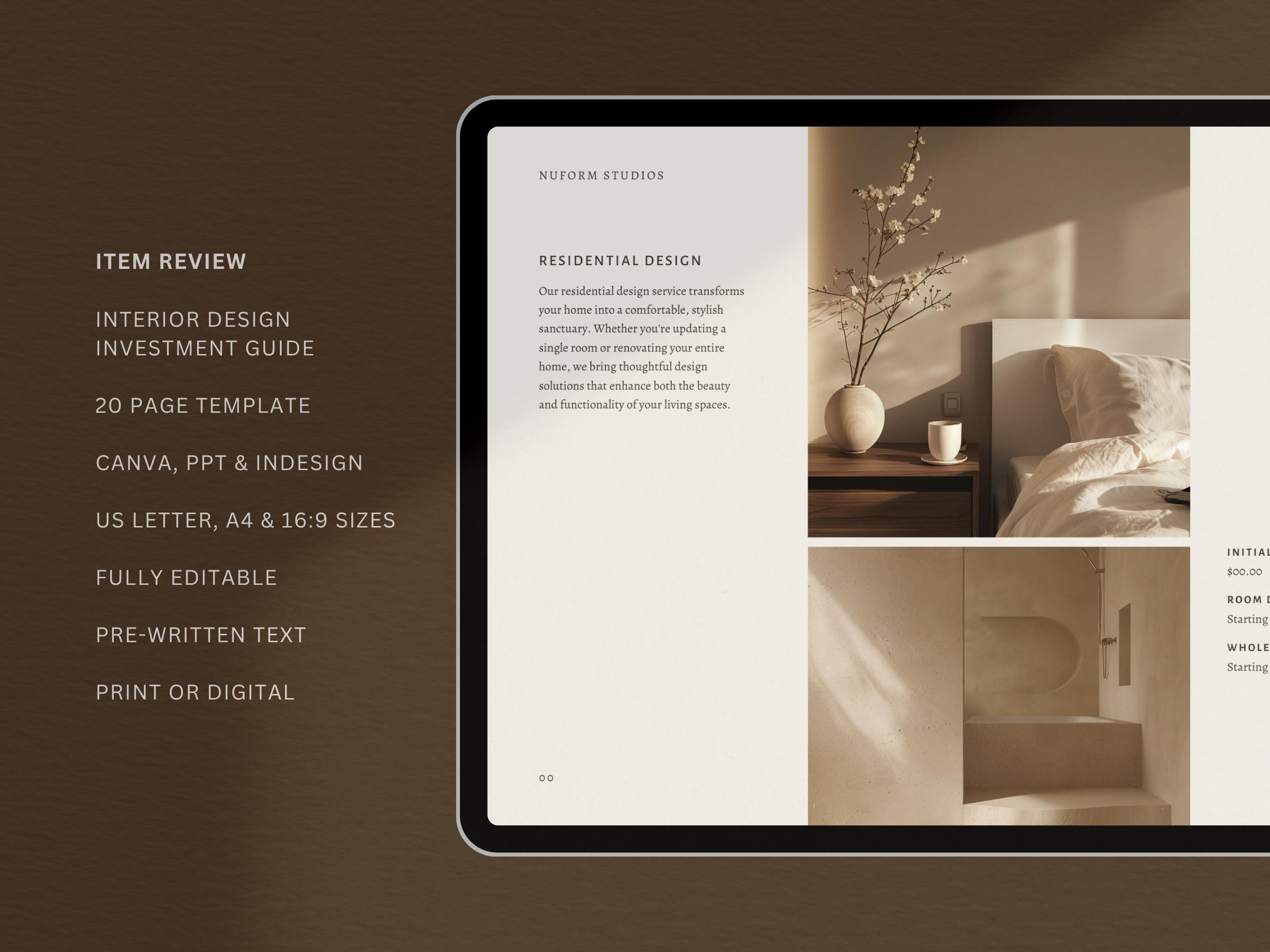 Interior Design Investment Guide | Interior Designer Fee Proposal | Project Proposal | Client Presentation | Canva | Indesign | Powerpoint