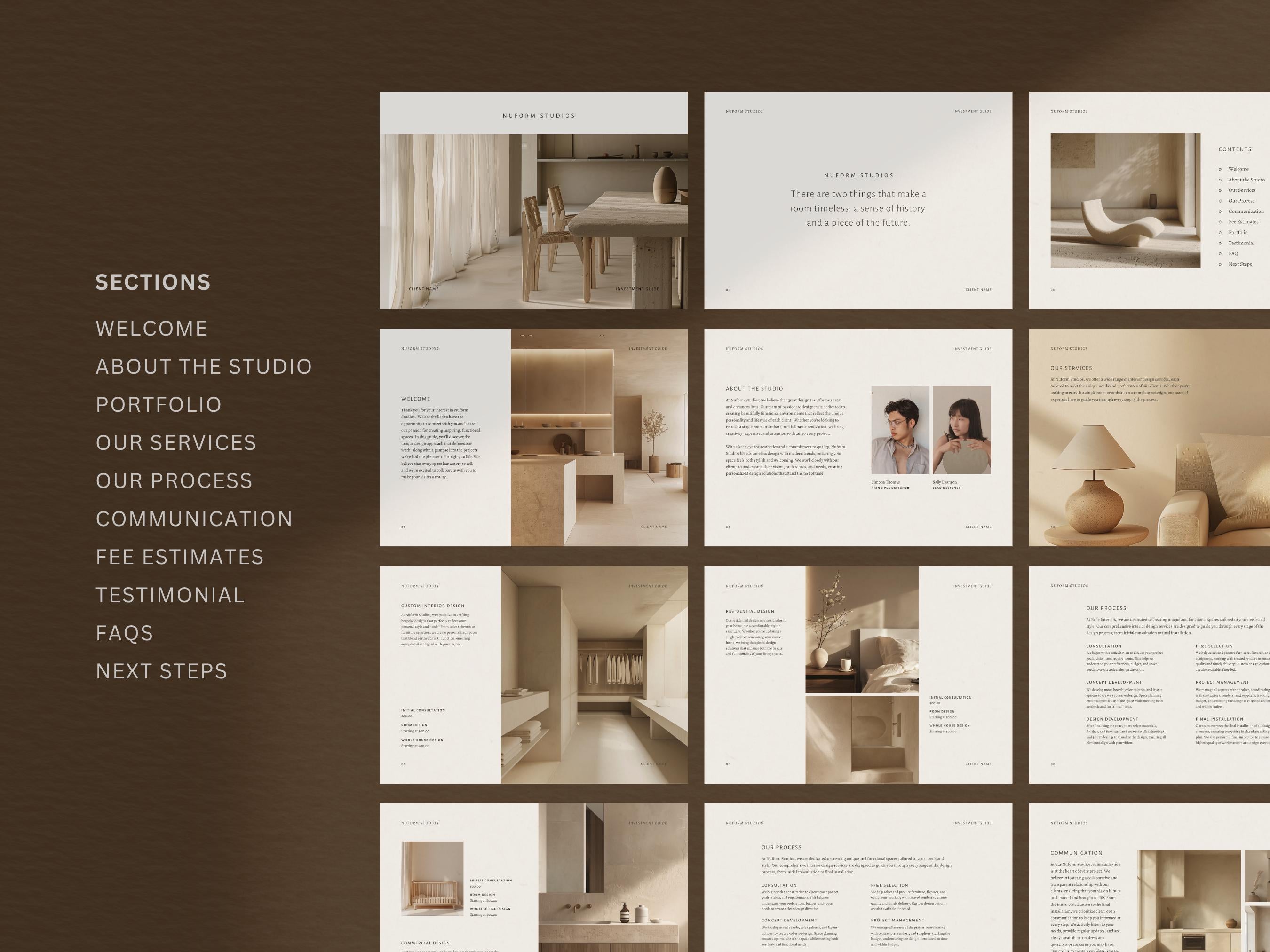 Interior Design Investment Guide | Interior Designer Fee Proposal | Project Proposal | Client Presentation | Canva | Indesign | Powerpoint